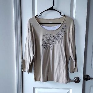 Basic Editions Women's Beige Embroidered Top Large
